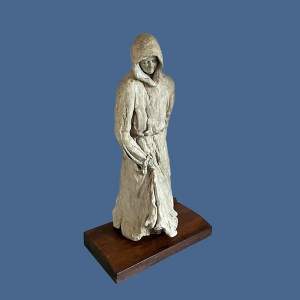 A Stone Ecclesiastical Robed Figure on Wooden Plinth