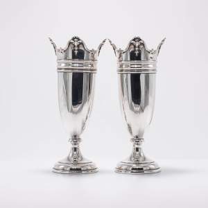 A Pair of Antique Trumpet Form Sterling Silver Vases