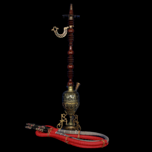 Tall Decorative Brass and Wood Hookah on Stand image-1