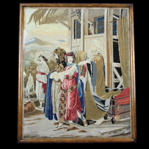 Large 19th Century Tapestry - Figures Outside of a Building image-1