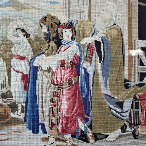Large 19th Century Tapestry - Figures Outside of a Building image-3