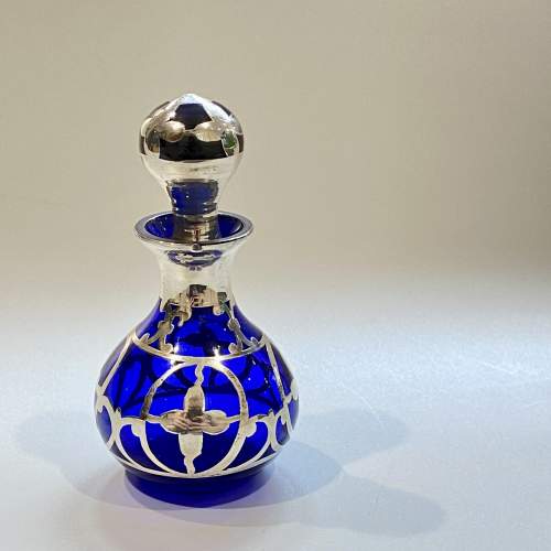 Art Nouveau Silver Overlay Blue Glass Perfume Bottle image-1