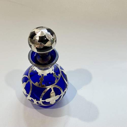 Art Nouveau Silver Overlay Blue Glass Perfume Bottle image-2
