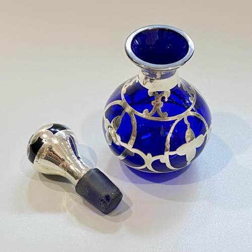 Art Nouveau Silver Overlay Blue Glass Perfume Bottle image-3