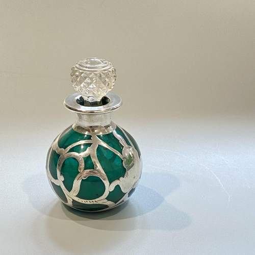 Art Nouveau Silver Overlay Green Glass Perfume Bottle image-1