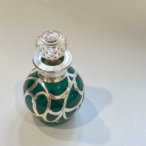 Art Nouveau Silver Overlay Green Glass Perfume Bottle image-2