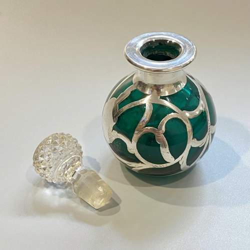 Art Nouveau Silver Overlay Green Glass Perfume Bottle image-3