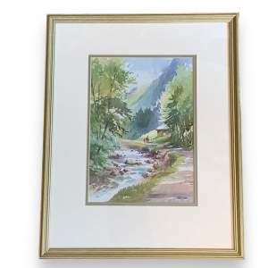 20th Century A Walk by the River - Framed Watercolour