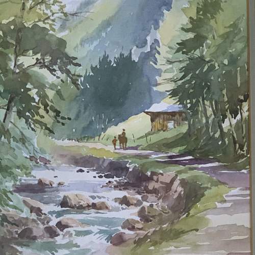 20th Century A Walk by the River - Framed Watercolour image-2