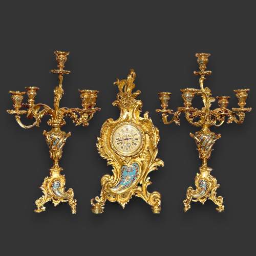 French Ormolu and Champleve Clock Garniture image-1