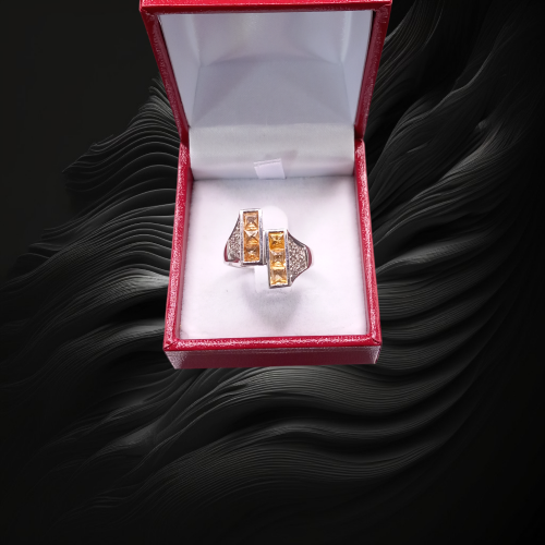 Gold Orange Sapphire & Diamond Unusual Abstract Design Ring image-1