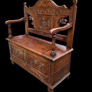 19th Century Style Carved Oak Monks Bench