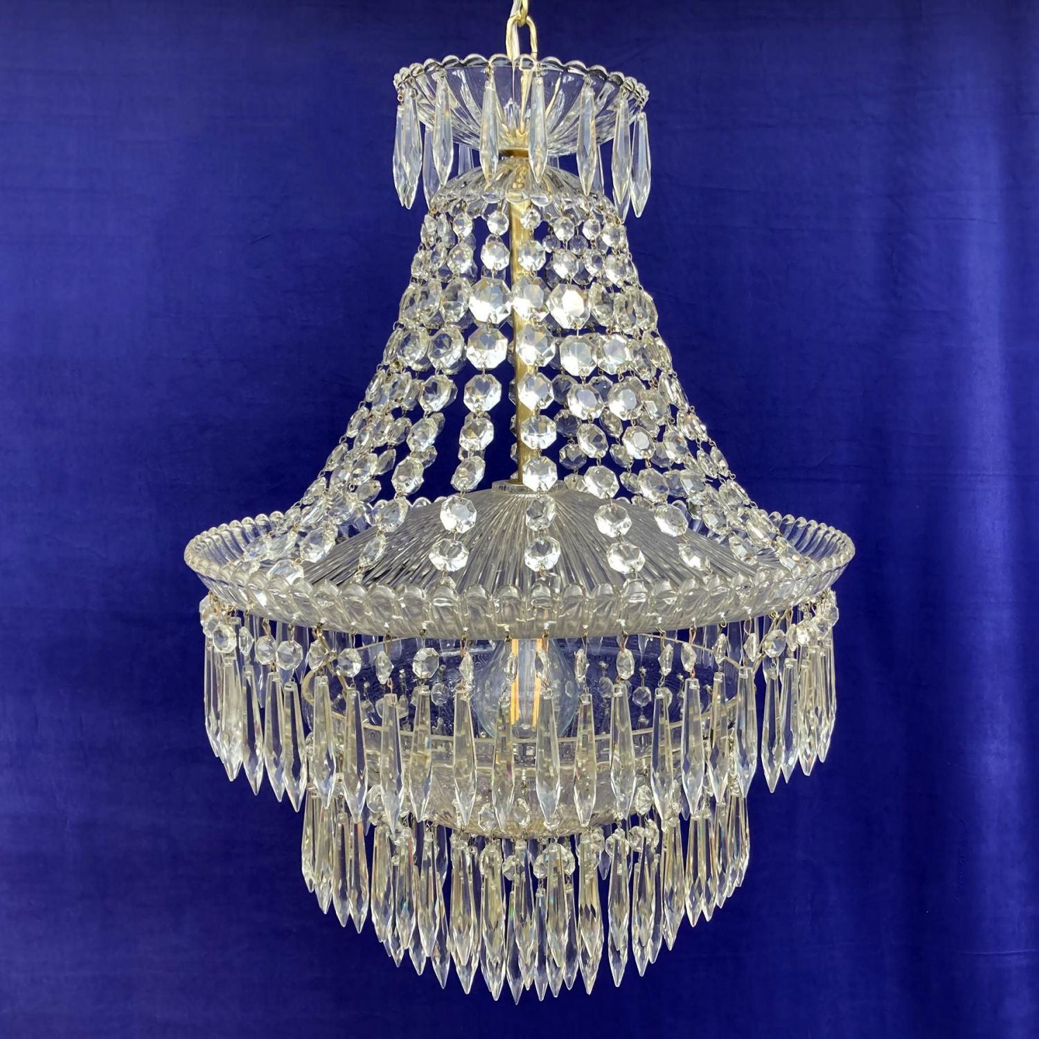 Art-Deco Crystal Waterfall Chandelier - Antique Brass and Crystal Glass  Chandeliers - Hemswell Antique Centres