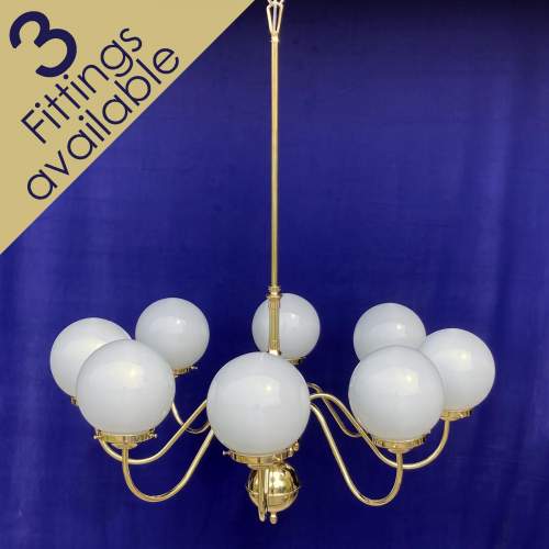 8-Arm Brass Electrolier with spherical Pearl-Glass Shades image-1