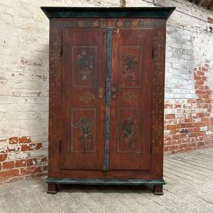 C19th Swedish Floral Hand Painted Armoire Wardrobe Cupboard