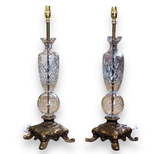 Pair of 20th Century Cut Glass and Brass Plated Lamps image-1
