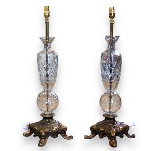 Pair of 20th Century Cut Glass and Brass Plated Lamps