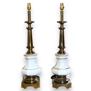Pair of 20th Century White Porcelain and Brass Plated Lamps