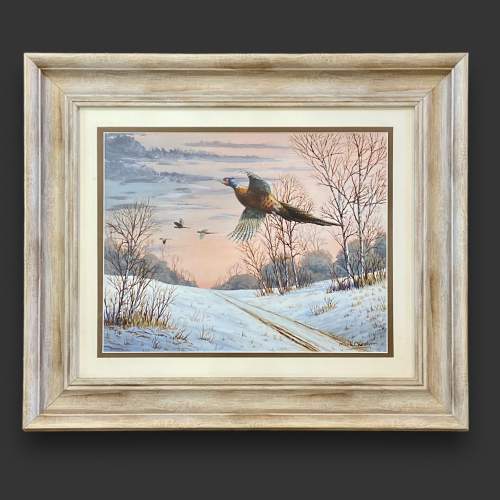 Mark Chester Oil on Board Painting of Pheasants in Flight image-1