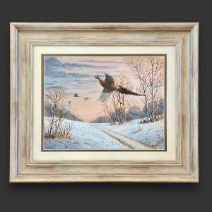 Mark Chester Oil on Board Painting of Pheasants in Flight