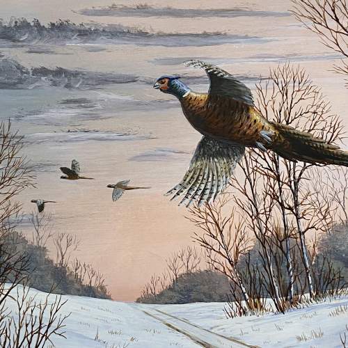 Mark Chester Oil on Board Painting of Pheasants in Flight image-2
