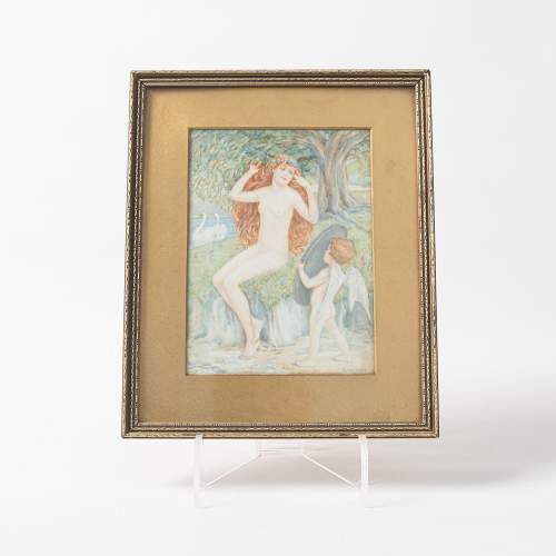 Early 20th Century Watercolour on Porcelain Panel of a Naked Lady image-1