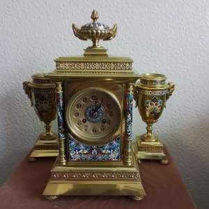 French Chamleve Enamel Clock Garniture
