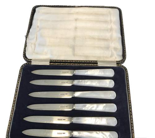 6 Fruit Knives Silver Blades Mother of Pearl Handles 1922 CWF image-1
