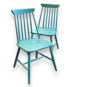 Pair of Teal Painted Mid 20th Century Stick Back Chairs