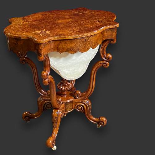 Burr Walnut Serpentine Shaped Sewing Table image-1