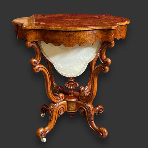 Burr Walnut Serpentine Shaped Sewing Table image-2