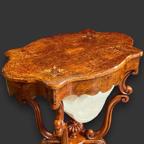 Burr Walnut Serpentine Shaped Sewing Table image-3