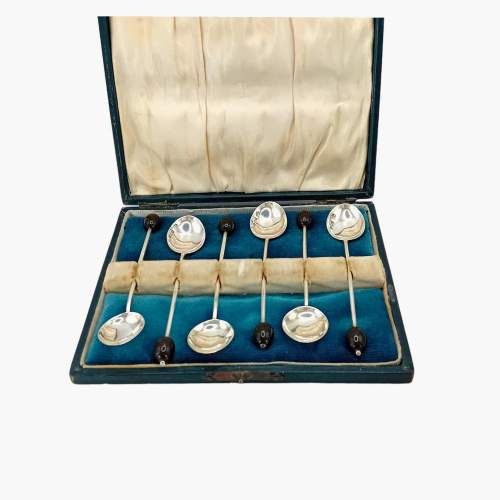 Set of Six Silver Bean End Spoons. Birmingham 1934. Boxed image-1