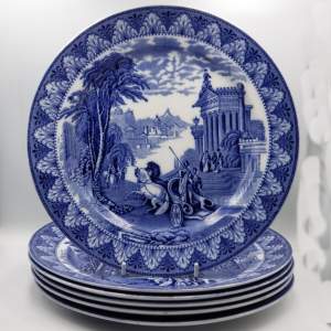 Cauldon Antique English Blue & White Chariot Pattern Plates x Six