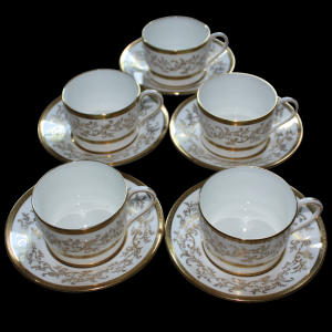 5 Coalport White & Gold Tea Cups and Saucers. Pattern 1035