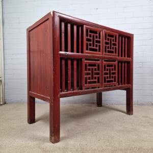 Small Chinese Red Lacquered Sideboard with Fretwork Doors
