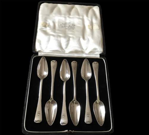 Cased Set of 6 Silver Grapefruit Spoons Monogrammed S London 1926 image-1