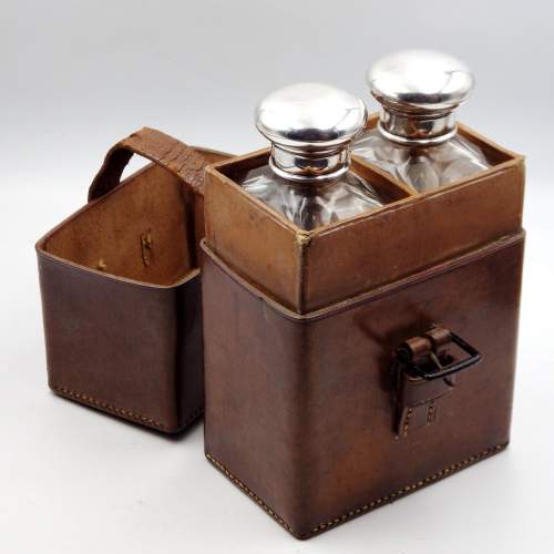 Drew and Sons Edwardian Leather Travel Case Silver Top Double Spirit Flasks image-1