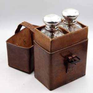 Drew and Sons Edwardian Leather Travel Case Silver Top Double Spirit Flasks