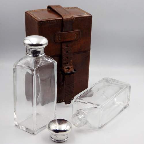Drew and Sons Edwardian Leather Travel Case Silver Top Double Spirit Flasks image-3