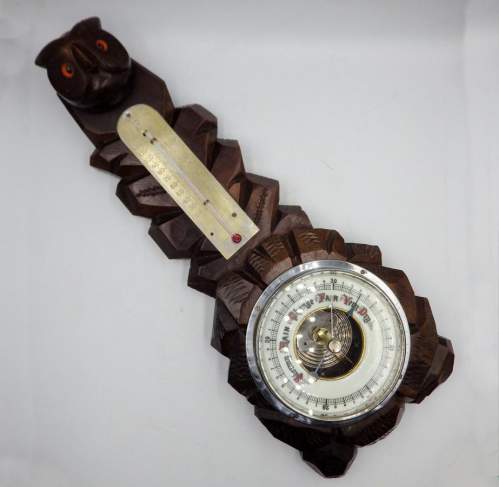 Black Forest 1930s Carved Owl Decor Wall Barometer & Thermometer image-1