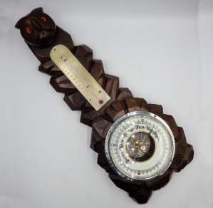 Black Forest 1930s Carved Owl Decor Wall Barometer & Thermometer