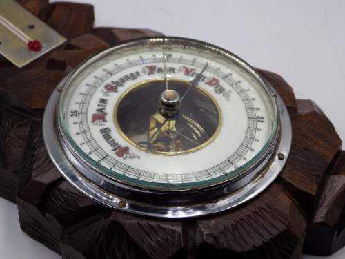 Black Forest 1930s Carved Owl Decor Wall Barometer & Thermometer image-6