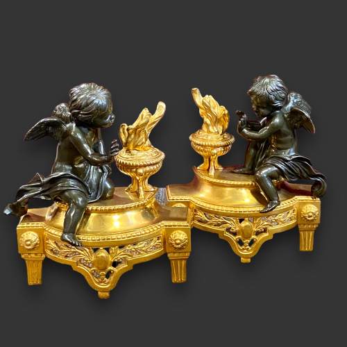 Fine Pair of Chenet with Bronze Winged Cherubs image-1