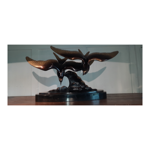 Art Deco Bronze Seagulls Sculpture by Lorino image-1