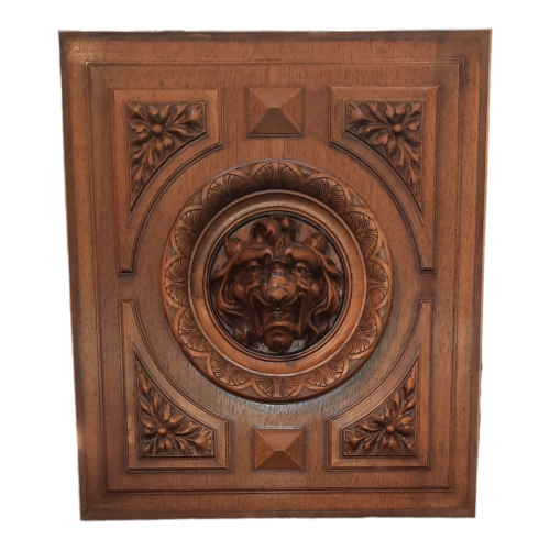 French Ornate Carved Lions Head Wooden Panel image-1