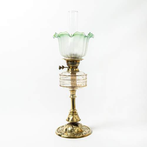 Antique Art Nouveau Brass and Glass Oil Lamp image-1