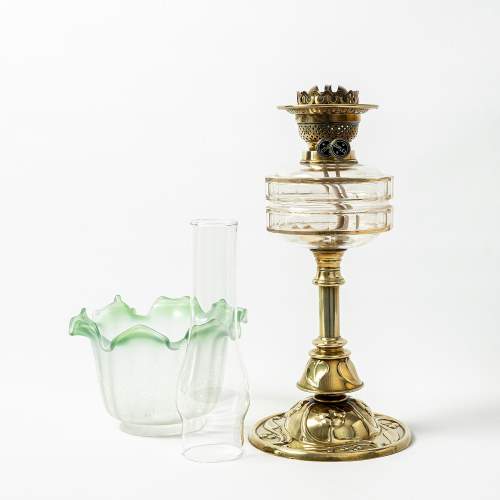 Antique Art Nouveau Brass and Glass Oil Lamp image-2