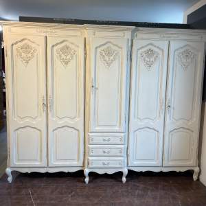 Vintage French Painted Flat Top Five Door Ornate Armoire