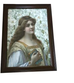 Late 19th Century Henry Hyland Print of Young Woman & Lilies